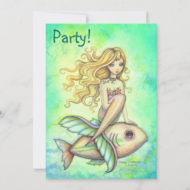 Cute Sirène et poisson Invitations de fête d'anniv (Devant)