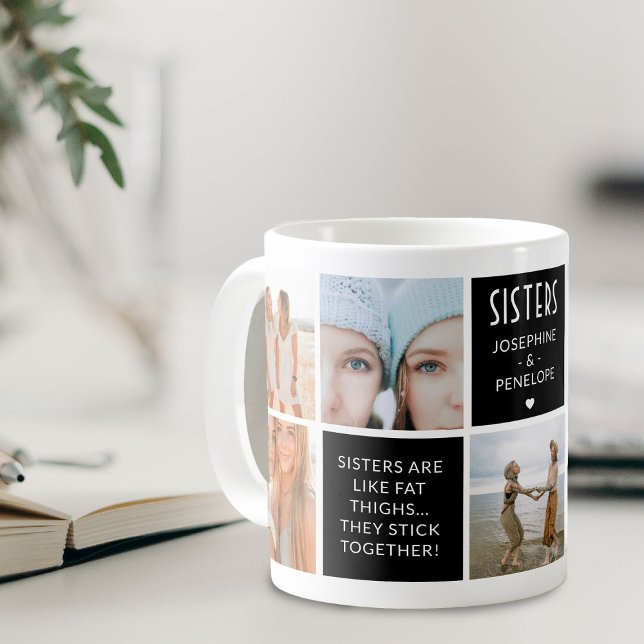 Cute Sisters Photo Collage & Quote Block Modern Coffee Mug (Creator Uploaded)