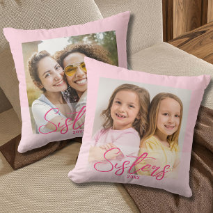 Cute Sisters Then And Now 2 Photo Light Pink  Throw Pillow