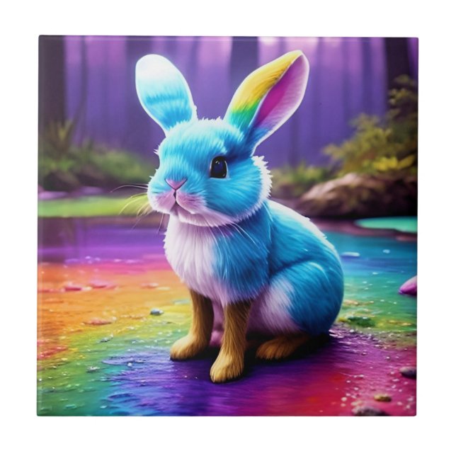 Cute Sitting Blue Bunny Portrait  Tile (Front)