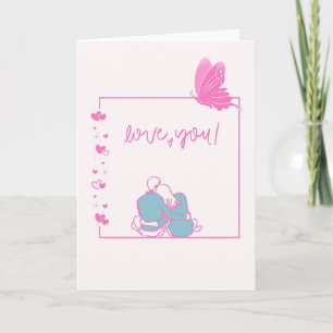 Cute Sitting Couple Love Card - Pink Butterfly Lov