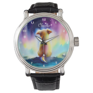 Cute Sitting Dog Stars Nebula Watercolor Custom Watch