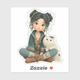 Cute Sitting Girl with Cat – Cozy Character Sticke