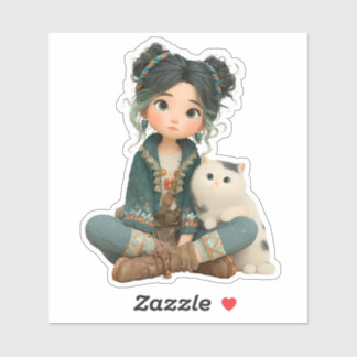 Cute Sitting Girl with Cat – Cozy Character Sticke