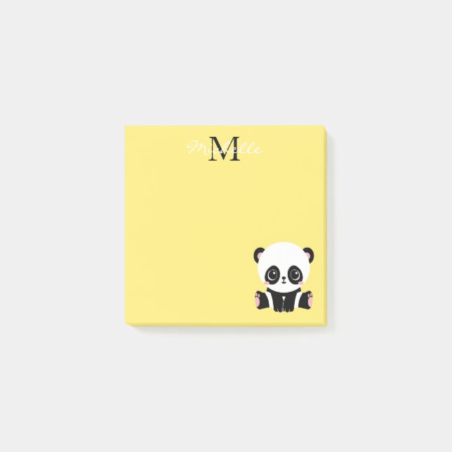Cute Sitting Panda Monogram Yellow Post-it Notes (Front)