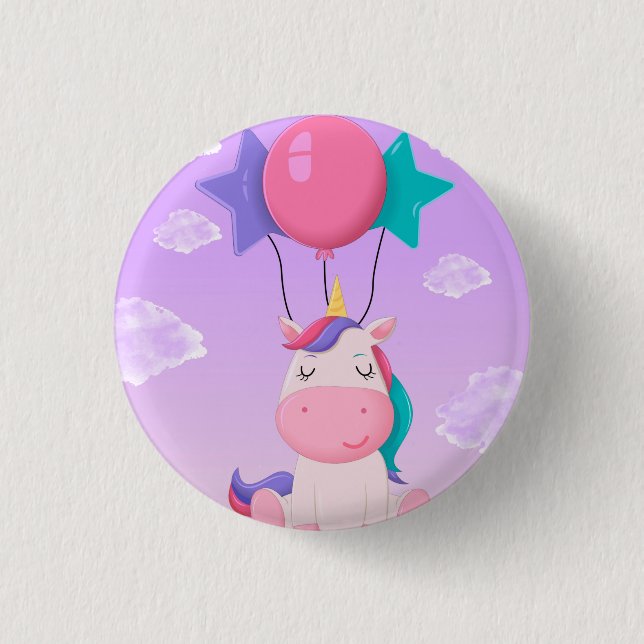 Cute Sitting Unicorn and Balloons Lilac 1 Inch Round Button (Front)