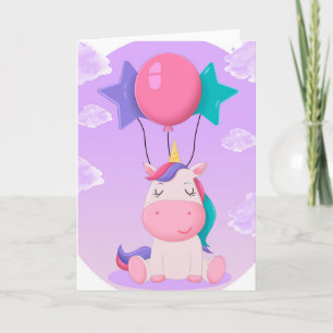 Cute Sitting Unicorn and Balloons Lilac Card