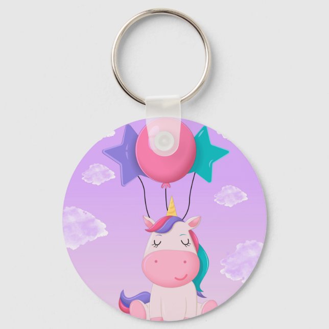 Cute Sitting Unicorn and Balloons Lilac Keychain (Front)