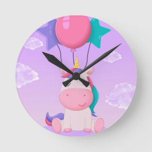 Cute Sitting Unicorn and Balloons Lilac Round Clock