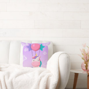 Cute Sitting Unicorn and Balloons Lilac Throw Pillow
