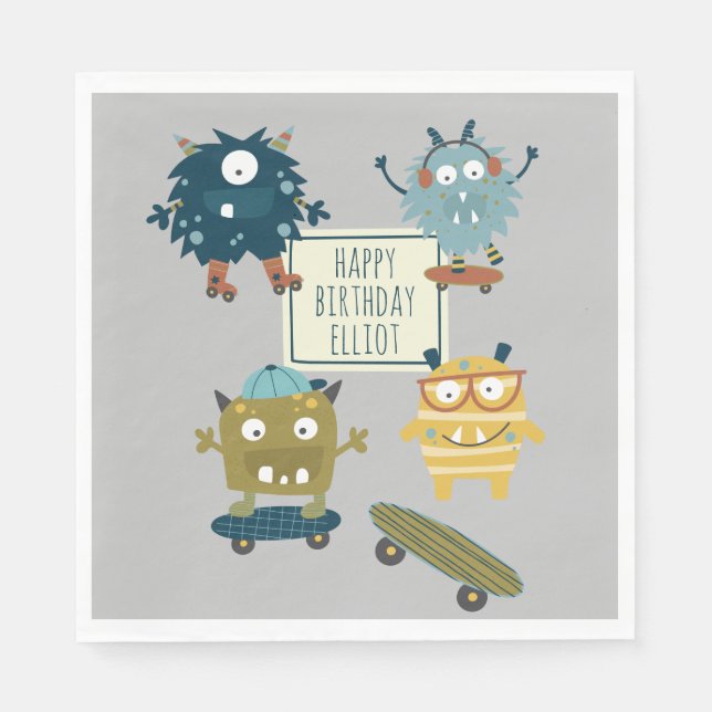 Cute Skateboard Monsters Personalized Birthday  Napkin (Front)