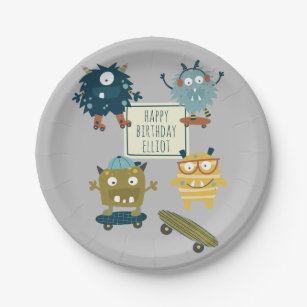 Cute Skateboard Monsters Personalized Birthday  Paper Plate