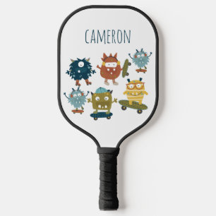 Cute Skateboard Monsters Personalized Name Pickleball Paddle