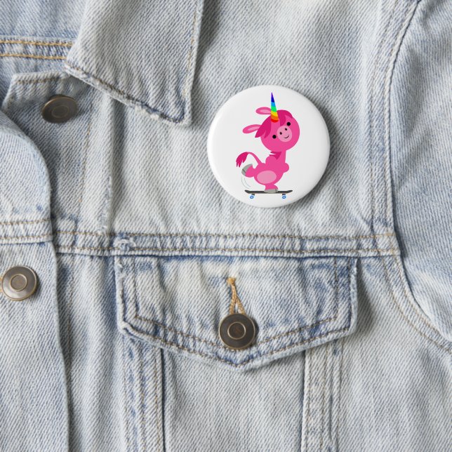 Cute Skateboarding Cartoon Unicorn 2 Inch Round Button (In Situ)