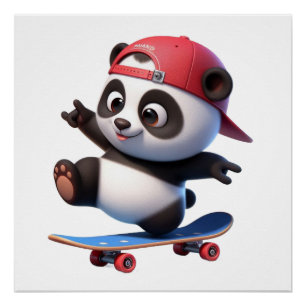 Cute Skateboarding Panda Illustration Poster