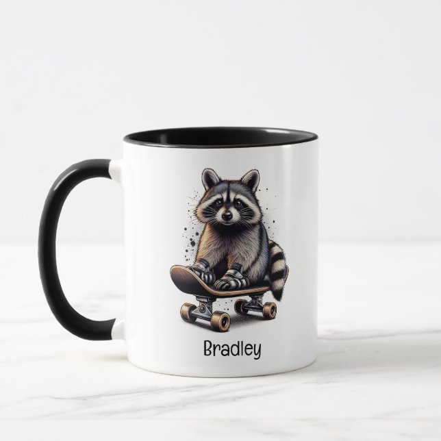 Cute Skateboarding Raccoon Fun Animal Nature Art Mug (Left)