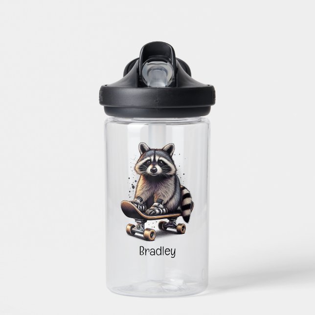 Cute Skateboarding Raccoon Fun Animal Nature Art Water Bottle (Front)