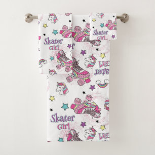 Cute Skater Girl Unicorn Roller Skate Pattern Bath Towel Set