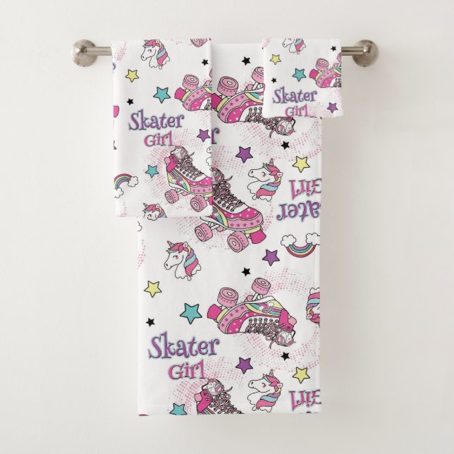 Cute Skater Girl Unicorn Roller Skate Pattern Bath Towel Set (Insitu)