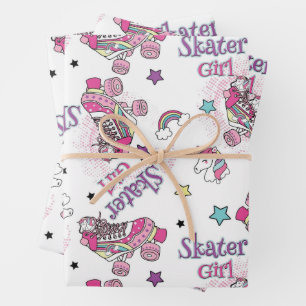 Cute Skater Girl Unicorn Roller Skate Pattern Wrapping Paper Sheet