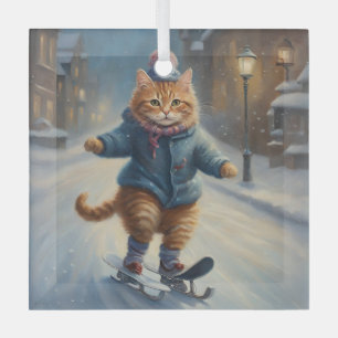 Cute Skating Meowy Christmas Cat Lover Glass Ornament