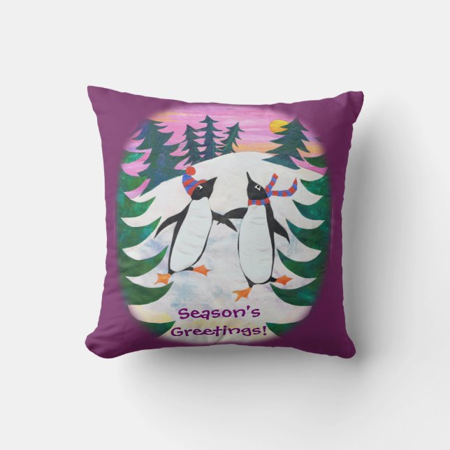 Cute Skating Penguins Snow-scene Fun Pillow (Front)