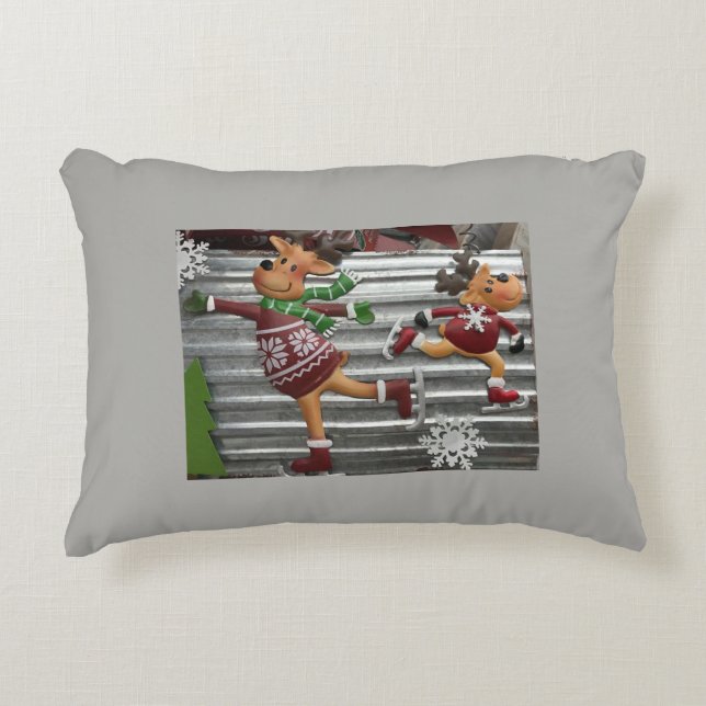 *CUTE SKATING REINDEER** WITH SILVER GREY BACK ACCENT PILLOW (Front)