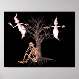 Cute Skeleton And Ghosts Halloween  Poster