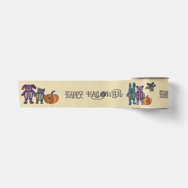 Cute Skeleton Animals and Pumpkins Halloween Satin Ribbon (Front)