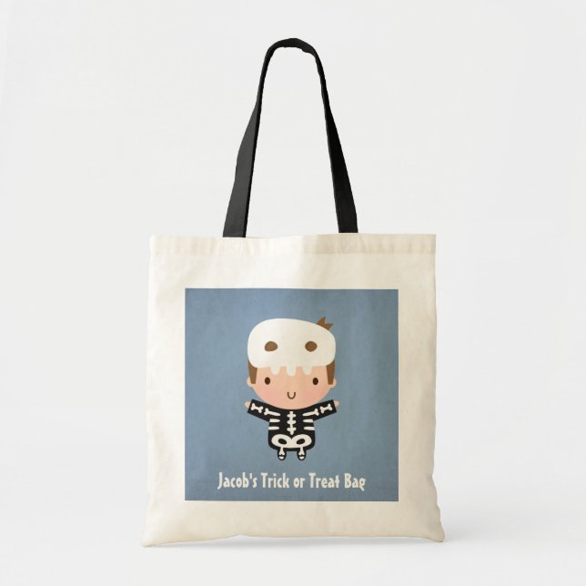 Cute Skeleton Boy Trick or Treat Halloween Tote Bag (Front)