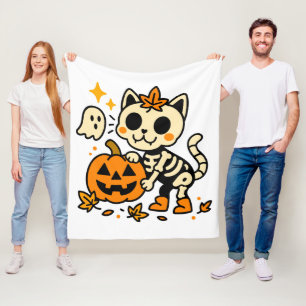 Cute Skeleton Cat with Pumpkin Fleece Blanket
