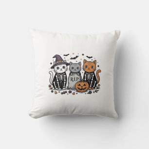 Cute Skeleton Cats Halloween Vintage Engraving Shi Throw Pillow