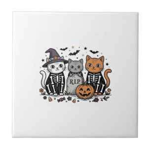 Cute Skeleton Cats Halloween Vintage Engraving Shi Tile