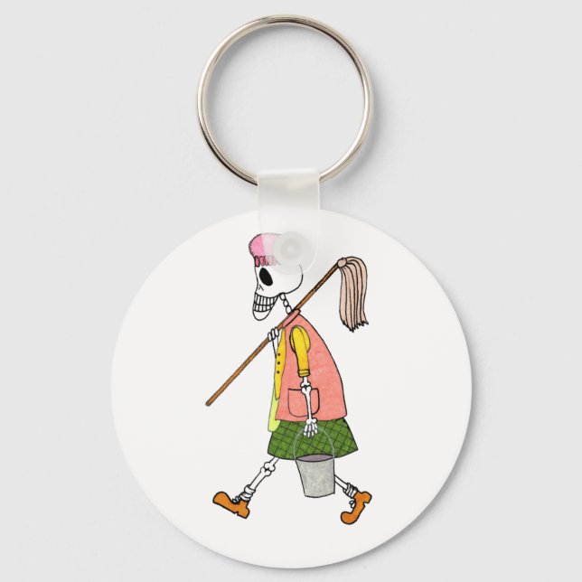 Cute Skeleton Cleaning Woman Mop & Pail Keychain (Front)