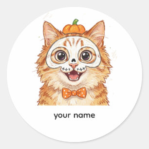 Cute Skeleton Face Paint Ginger Cat Halloween  Classic Round Sticker