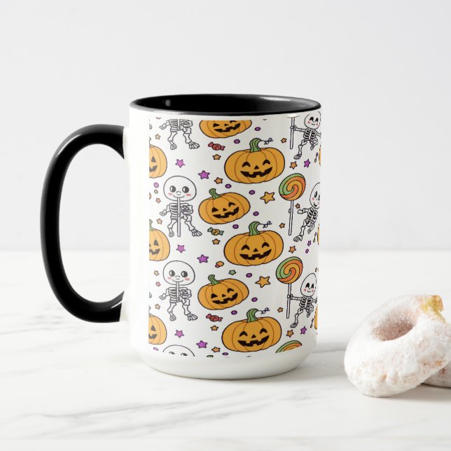 Cute Skeleton Fun For Halloween Mug (With Donut)