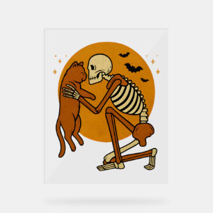 Cute Skeleton Hugging Cat Gothic Halloween Design Acrylic Sign