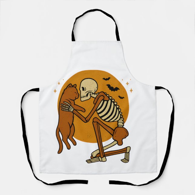 Cute Skeleton Hugging Cat Gothic Halloween Design Apron (Front)