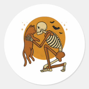 Cute Skeleton Hugging Cat Gothic Halloween Design Classic Round Sticker