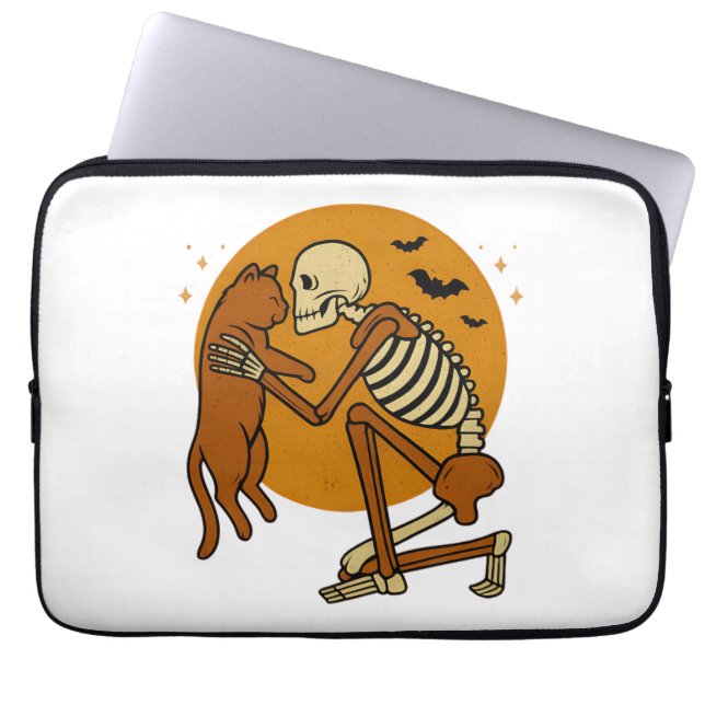 Cute Skeleton Hugging Cat Gothic Halloween Design Laptop Sleeve (Front)