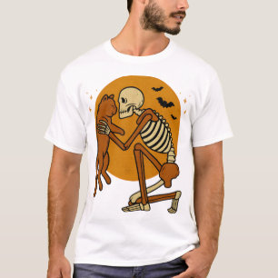 Cute Skeleton Hugging Cat Gothic Halloween Design T-Shirt