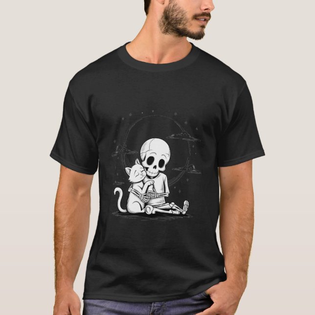 Cute Skeleton Hugging Cat Halloween T-Shirt (Front)