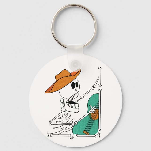 Cute Skeleton Singing Cowboy Playing Guitar  Keychain (Front)