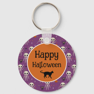 Cute Skeletons and Cat Halloween Purple and Orange Keychain