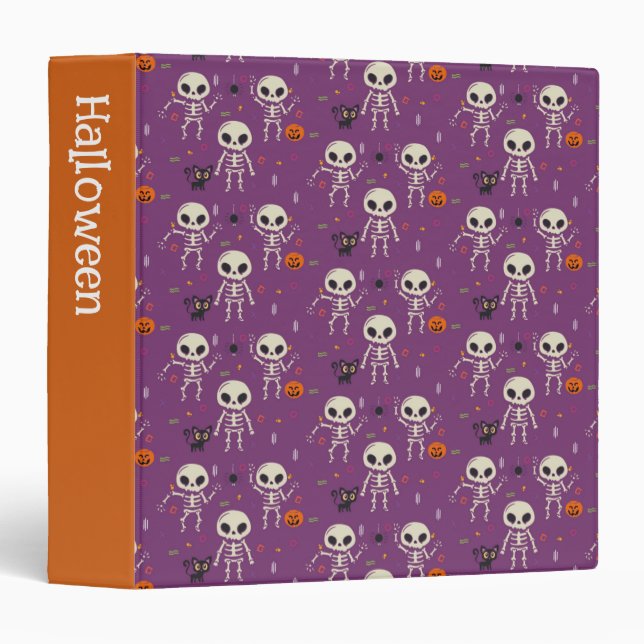 Cute Skeletons Halloween Pattern Purple Binder (Front/Spine)