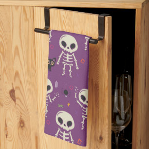 Cute Skeletons Halloween Pattern Purple Kitchen Towel