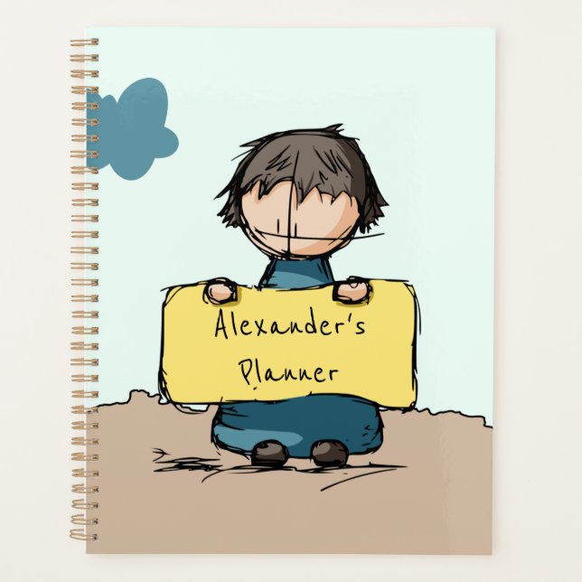 Cute Sketch Boy with a Sign Personalized Kids Planner (Front)