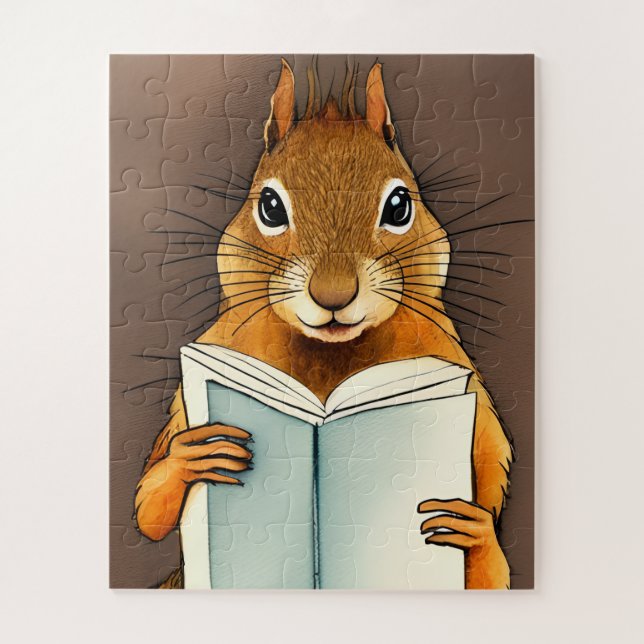 Cute Sketch Watercolor Squirrel Reading a Book Jigsaw Puzzle (Vertical)