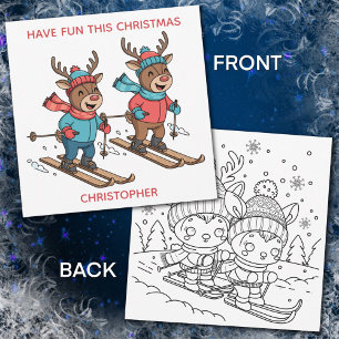 Cute Skiing  Christmas Reindeer with Coloring Page Holiday Card