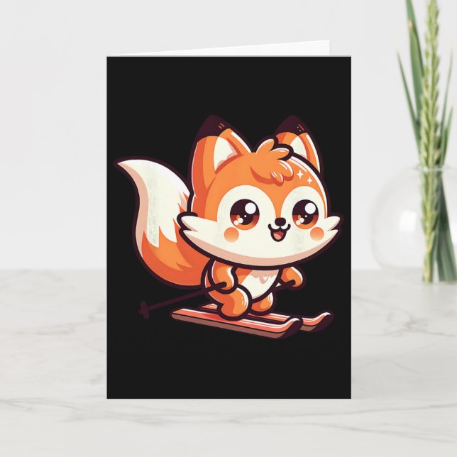 Cute Skiing Fox Kawaii Alpine Slope Winter Fun  Card (Front)
